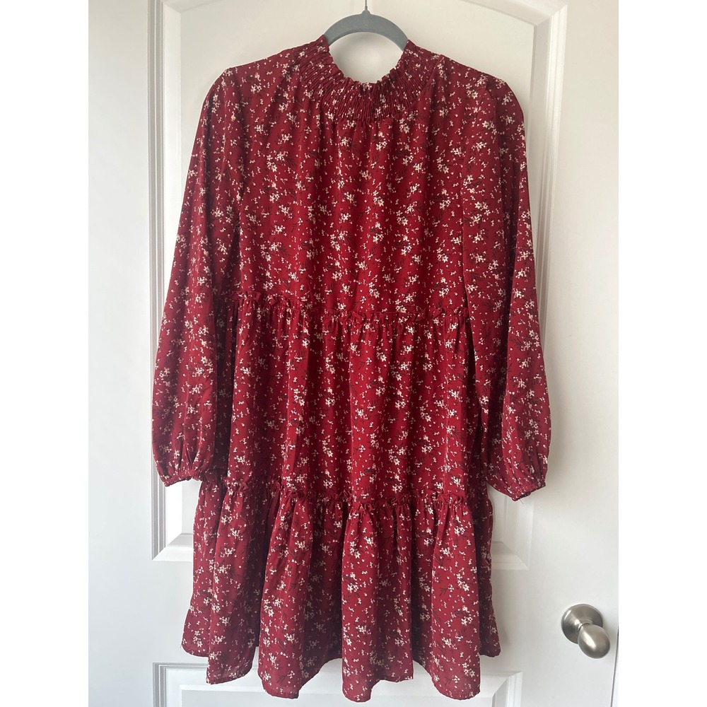 Bohme Burgundy Floral Tiered Mini Dress Smocked Mock Neck Long Sleeve Small